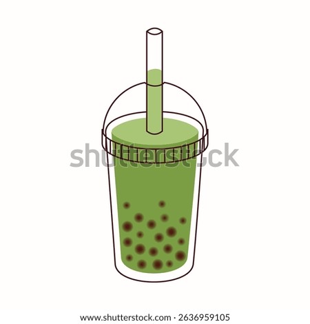 Matcha Latte with Whipped Cream and tapioca in a Clear Plastic cup with straw, icon, isolated on the white background