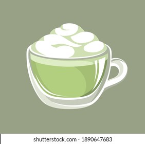Matcha latte with white foam in a small cute glass mug. Cafe restaurant menu beverage drink vector illustration.