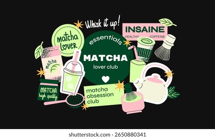 Coincidir com Adesivo Amante. Ilustrações retro-inspiradas de chá matcha, ferramentas e ingredientes. Perfeito para estilo de vida saudável, entusiastas de chá e designs de bem-estar. Vetor colorido e divertido definido para a marca