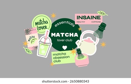 Matcha Lover Sticker Set. Retro-inspired illustrations of matcha tea, tools, and ingredients. Perfect for healthy lifestyle, tea enthusiasts, and wellness designs. Funky, colorful vector set for brand