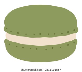 Matcha macaron with olive green shells, a thick cream filling and small darker green speckles, shown from the front and isolated on a white background.