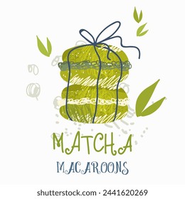 Matcha macarons card, invitation. Various matcha tea products. Japanese tea culture. Hand drawn vector illustration.