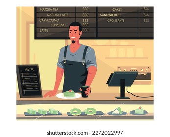 Matcha menu. Coffeeshop with green leaves tea products and barista character with cup of matcha latte cartoon flat style. Vector isolated set of coffee beverage matcha in cafeteria illustration
