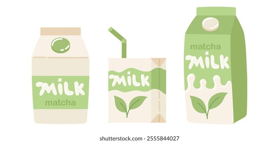 Matcha milk in different packages. Alternative non-dairy vegetarian drink. Healthy organic lactose free. Flat Vector illustration isolated on white background