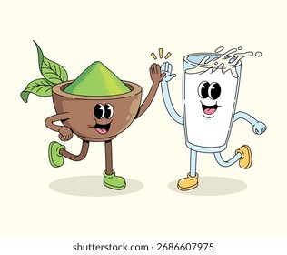 Matcha y leche alta cinco groovy ilustración de dibujos animados