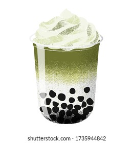 Matcha Milk Tea with Boba, On Top Green Tea Whipping Cream, Vector Illustration. Isolated Image on White Background.