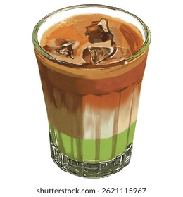 Matcha, orange, coffee, latte, iced drink, dessert