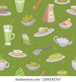 Matcha pattern. Seamless background from traditional green matcha healthy products exact vector template