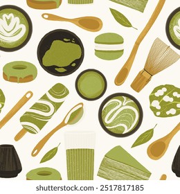 Matcha pattern. Seamless print of green matcha tea powder leaves and whisk, oriental traditional beverage and dessert. Vector texture.