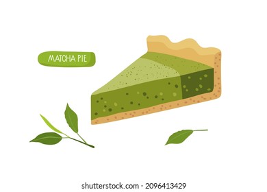 Matcha pie. Homemade vegan japanese green tea pastries. piece of matcha Japanese cheesecake. Vector flat isolated For menu, recipe, cafe, restaurant. Baked tart with green tea flavor, Japanese food.