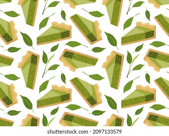 Patrón transparente de tarta mate. bollería de té verde japonesa hecha en la casa. Un trozo de tarta de queso matcha japonesa. Fondo recto de vectores para papel de pared, envoltura, embalaje, textil, raspado