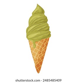 Matcha or pistachio ice cream in a waffle cone Colorful cold summer dessert. Matcha tea Frozen treat Hand drawn flat style, Delicious dessert cheerful and summery appearance. Vector illustration