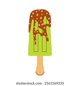 Matcha popsicle on stick. Green tea ice cream drizzled with caramel. Frosted ice. Summer dessert.