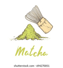 Matcha, popular antioxidant green tea powder drink and wood whisk