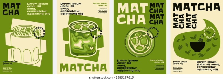 Matcha poster with green color scheme, modern typography, hand drawn illustrations, and artistic design elements for a fresh visual appeal.