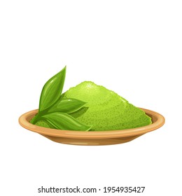 Matcha powder green tea in bowl cup with leaves tea vector illustration.