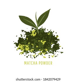 Matcha powder and green tea leaf isolated on white background. Vector illustration, minimal style