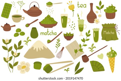 Matcha powder green tea set of elements. Teapot, cup, bamboo spoon, whisk, strainer, sweets and drinks. Vector illustration isolated on a white background. For postcard, design decor