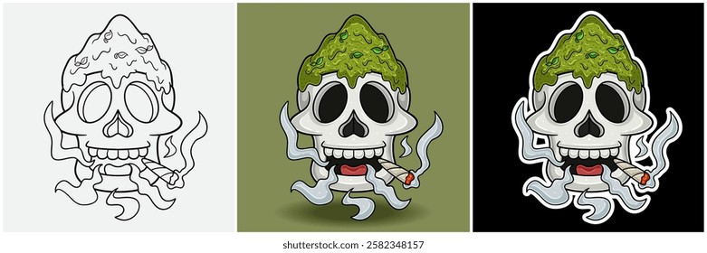 Matcha Powder Inside Skull Head With Smoking Character Cartoon. Black White, Colorful and Sticker Style. For T shirt print, Brand Logo, Label and Mascot product. Vectors Illustrations