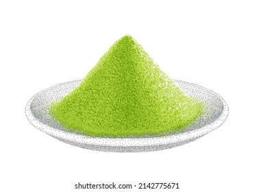 Matcha powder. Pile of green tea on plate. Realistic sketch. Shredded leaves for green tea drink. Illustration in vintage style. Hand-drawn vector.