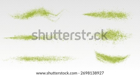 Matcha powder splash set with green tea dust particles isolated on transparent background. Vector collection of scattered organic speckles and textured clouds for healthy beverage design elements.