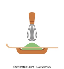 Matcha powder and tea whisk vector. white background.