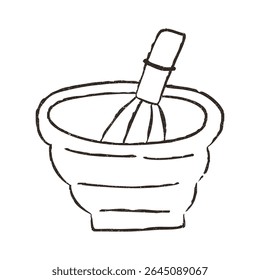 Matcha preparation bowl and bamboo whisk, hand drawn doodle, vector illustration isolated on white background. Outline sketch style with grunge vintage texture. Cafe and restaurant concept.