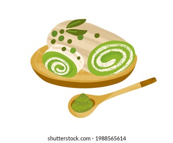 Torta de rollo de Matcha con relleno de chocolate blanco, servida en tablero de madera con té verde en polvo. Postre japonés con esponja suave. Sabrosa comida asiática dulce. Ilustración vectorial plana de color aislado