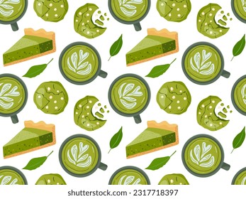 Matcha seamless pattern. Homemade vegan japanese green tea and pastries. Matcha Japanese cheesecake piece, cup, biscuits. Repeated background for wallpaper, wrapping, packing, textile, scrapbooking