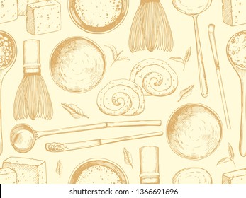 Matcha seamless pattern. Japaneese ethnic and national tea ceremony. Traditions of teatime. Decorative elements for your design. Vector Illustration food and drink sketch.