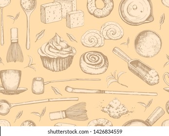Matcha seamless pattern. Japaneese ethnic and national tea ceremony. Traditions of teatime. Decorative elements for your design. Vector Illustration food and drink sketch.