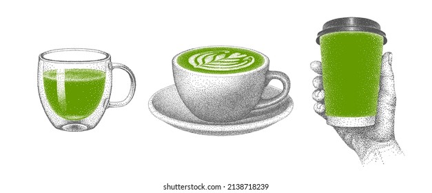 Matcha. Té verde en una taza doble de pared de vidrio. Té con leche en taza de cerámica en platillo. Tarde en ir, tómate. Taza de papel en mano humana. Esbozo vectorial.
