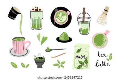 Matcha set. Hand drawn traditional japanese drink, powder and spoon, bamboo whisk and cup with latte, chinese green tea, trendy organic delicious beverage. Vector cartoon isolated elements