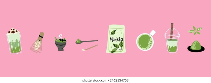 Matcha set. Hand drawn traditional japanese drink, powder and spoon, bamboo whisk and cup with latte, chinese green tea, trendy organic delicious beverage. Vector cartoon isolated elements