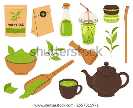 Matcha. Set of illustrations of green tea, ground matcha powder, teapot with cup. Paper packaging of tea. Tools for making matcha drink.
