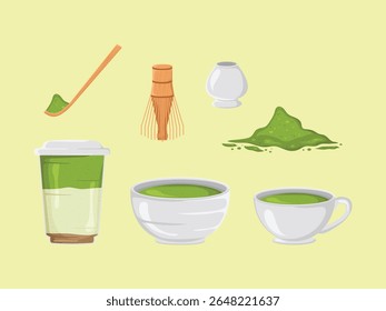 matcha set powder green tea japanese leaf ingredient powder element herb traditional cartoon icon