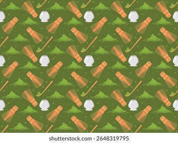 Matcha Set Polvo Té verde Ingrediente de hoja japonesa Elemento de polvo Hierba Icono de dibujos animados tradicionales