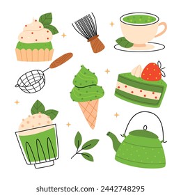 Matcha set. Matcha tea, dessert, latte, strainer, cupcake, ice cream, teapot, leaves.