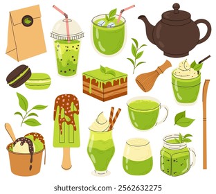 Matcha set. Tools for making matcha drink. Illustrations green tea, cup, ice cream, cake, macaroon, tea leaves, smoothie. Paper packaging of tea.