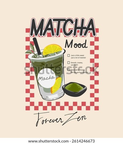 matcha slogan with gree tea cup in square frame vector illustration