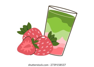Matcha smoothie drink with strawberry. Vector illustration isolated. Flat cartoon matcha green drink with milk.