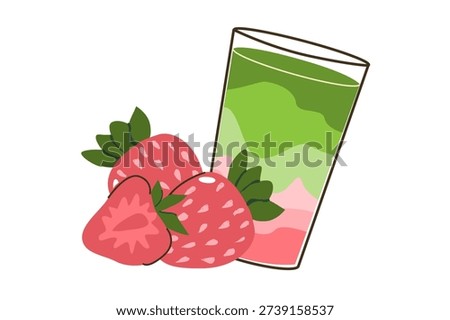 Matcha smoothie drink with strawberry. Vector illustration isolated. Flat cartoon matcha green drink with milk.