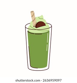 Matcha Smoothie with wipped Cream and Chocolate cookie, icon, isolated on the white background