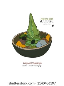 Matcha soft-cream anmitsu, Wagashi toppings, Kanten, Match and Azuki red bean jelly with black honey syrup. hand draw sketch vector.