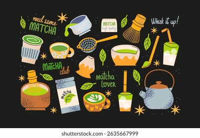 Matcha stickers set. Matcha bowls, whisks, tea pots, brewing tools, matcha latte, tea leaves. Hand drawn minimalist doodles, colorful retro icons. Matcha lovers collection.