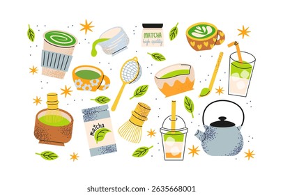 Matcha stickers set. Matcha bowls, whisks, tea pots, brewing tools, matcha latte, tea leaves. Hand drawn minimalist doodles, colorful retro icons. Matcha lovers collection.
