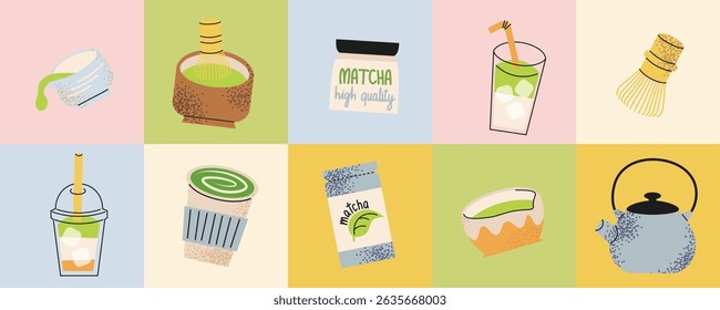 Matcha stickers set. Matcha bowls, whisks, tea pots, brewing tools, matcha latte, tea leaves. Hand drawn minimalist doodles, colorful retro icons. Matcha lovers collection.