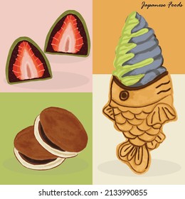 Matcha Strawberry Daifuku, Dorayaki, and Taiyaki Ice Cream watercolor art. Seamless Japanese food background.