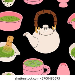 Matcha sweets seamless patterns collection, kawaii matcha drinks, boba cups, matcha latte, macarons, mochi and green tea desserts. Flat vector seamless tiles for fabric, wallpaper, packaging