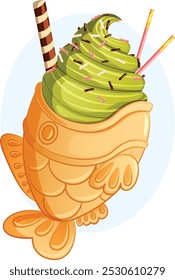 Sorvete Matcha Taiyaki com polvilhamentos coloridos, topos de rolo de bolso e wafer. Sobremesa japonesa ilustração detalhada 